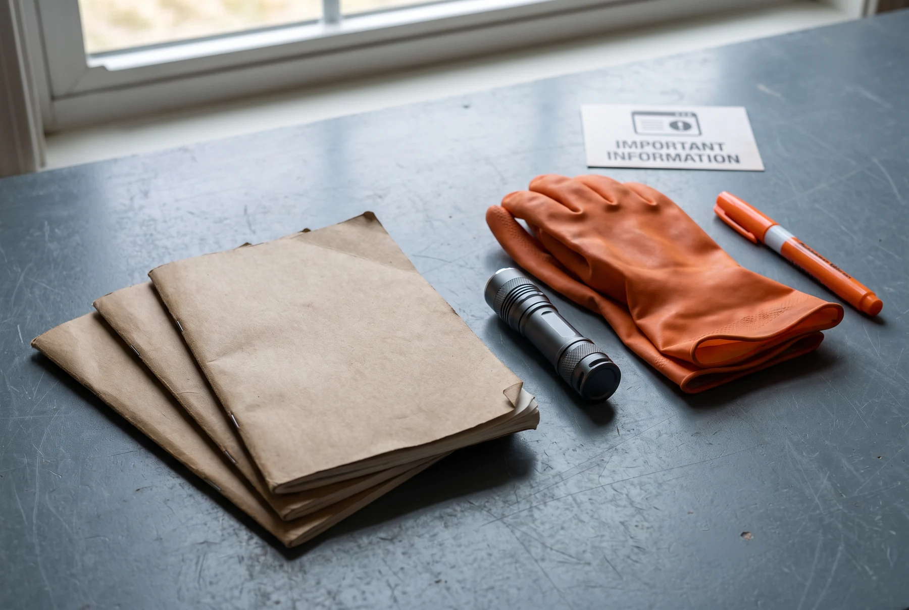 Gloves, flashlight and appliance papers on a gray surface