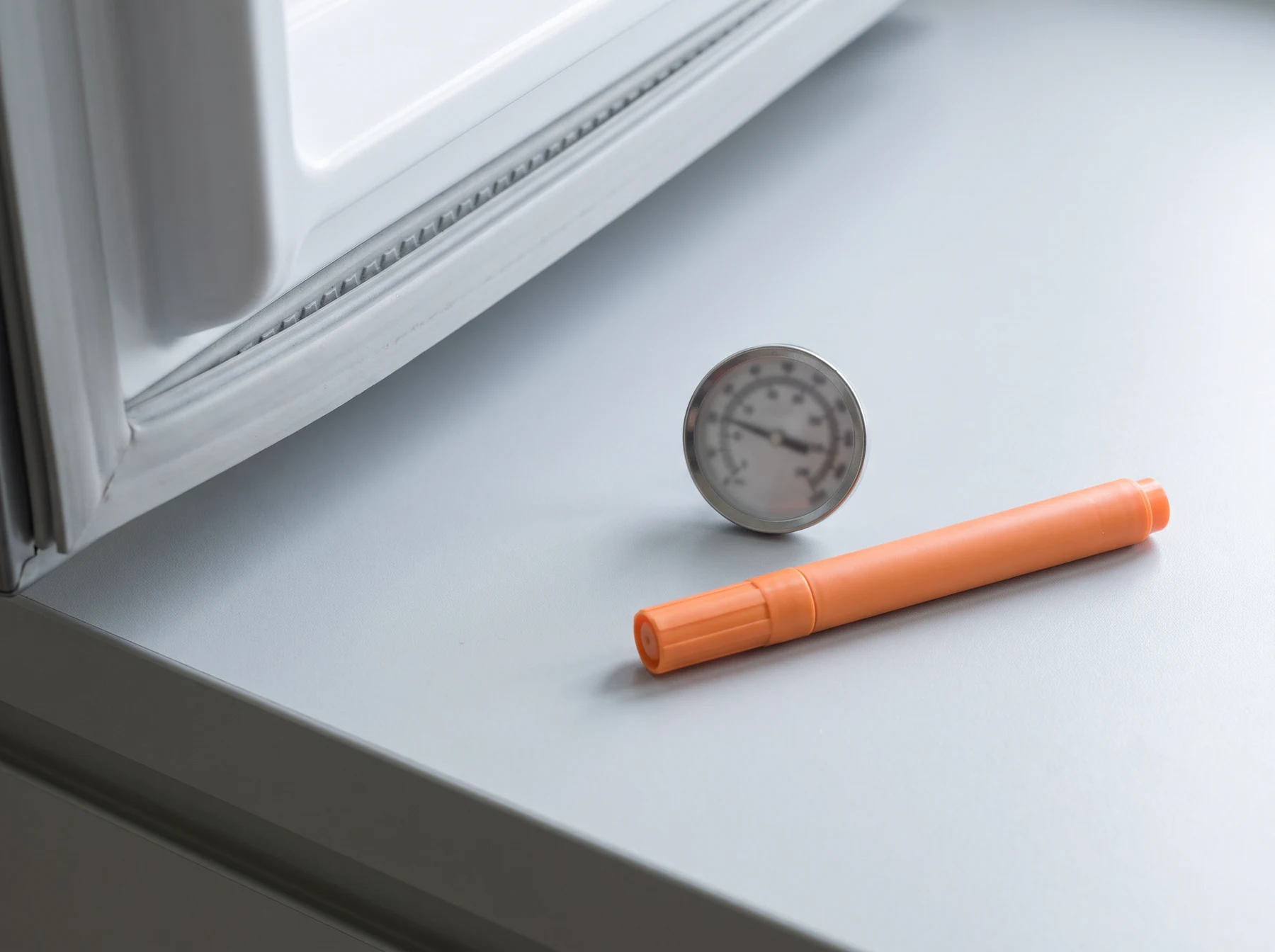 Refrigerator door seal with thermometer and orange marker