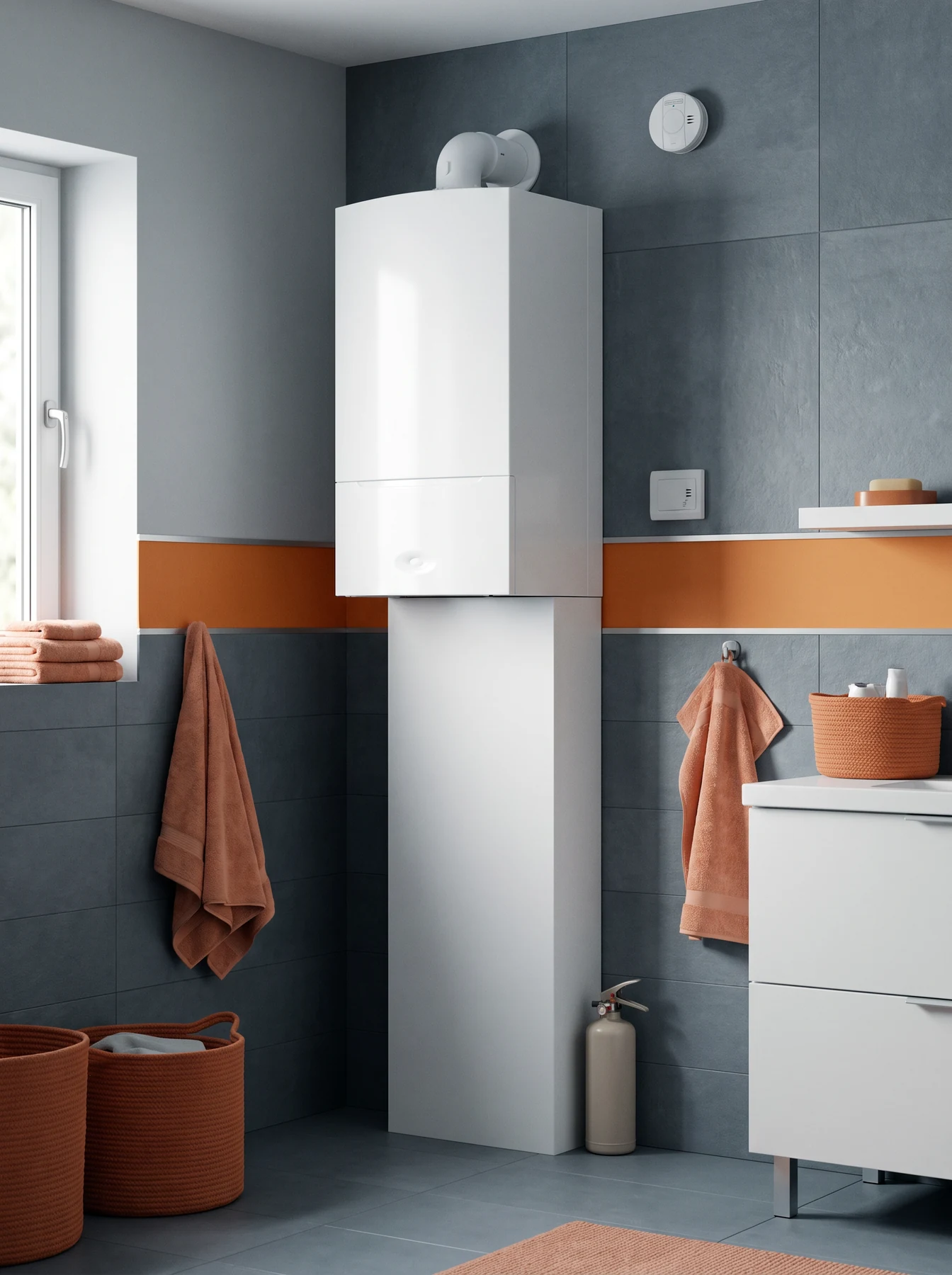 White boiler unit on tiled wall