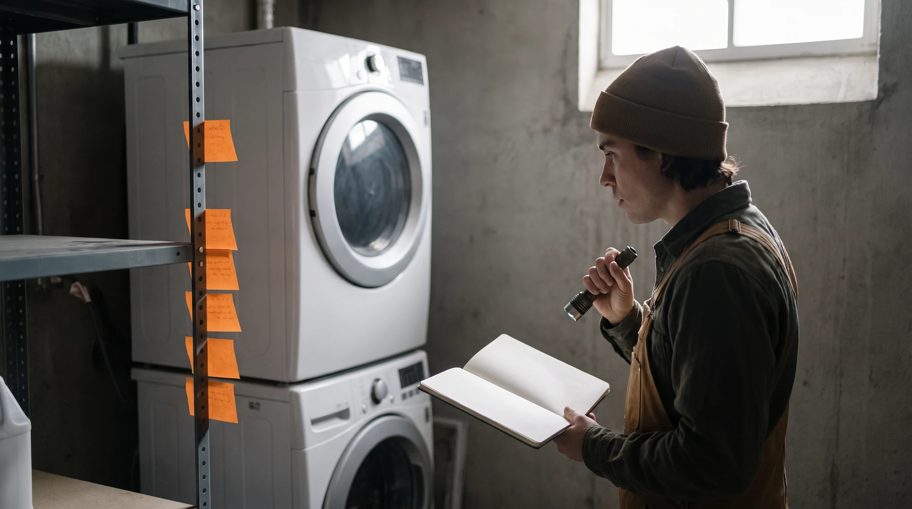 Person writing appliance observations with a flashlight nearby