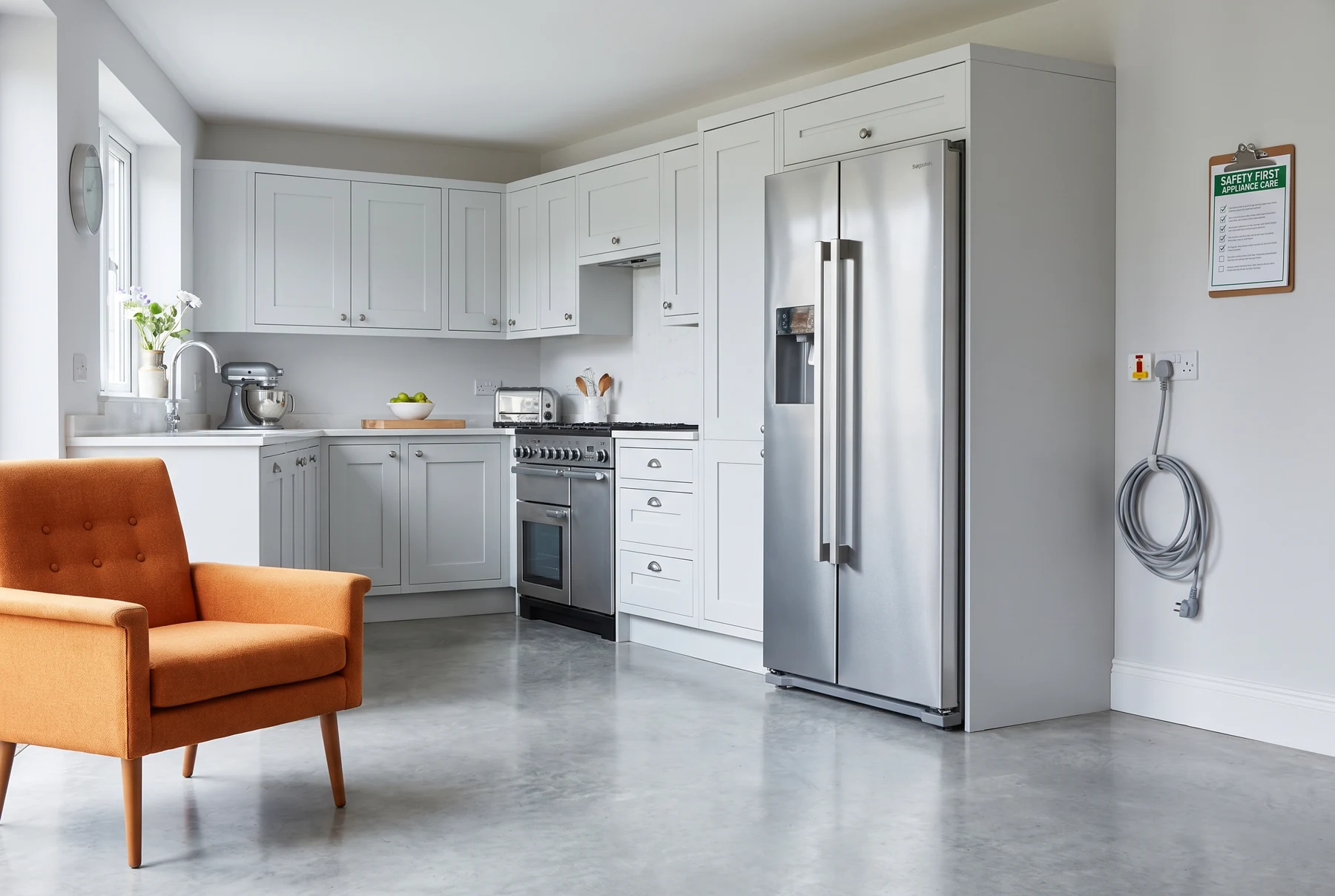 Kitchen with refrigerator and cooker
